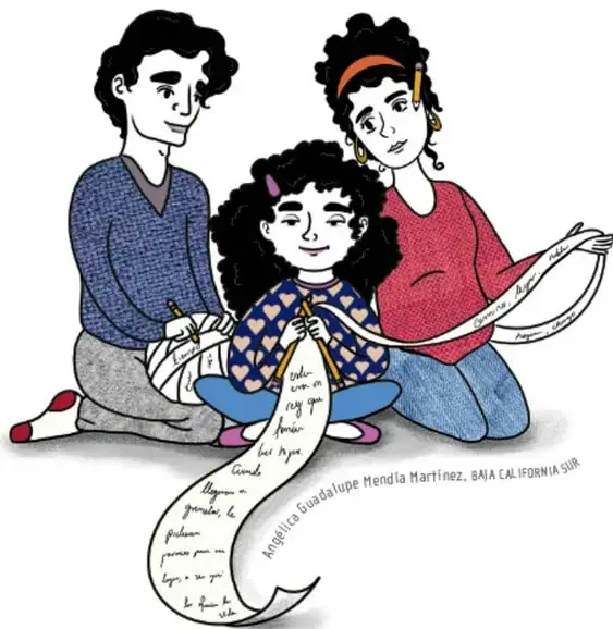Ilustración de tres personas (dos adultos y una niña) sentadas en el piso, sosteniendo un largo papel en el que entrelazan ideas y textos a mano. Crédito: Angélica Guadalupe Mendívil Martínez, Baja California Sur.
