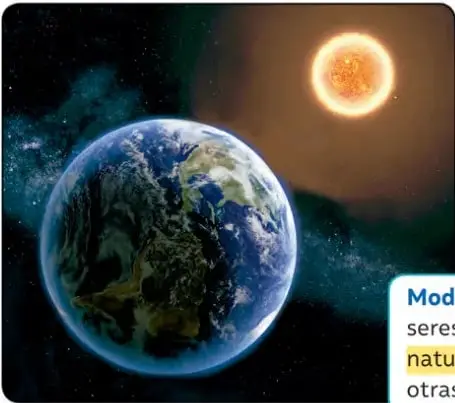 Ilustración del espacio con la Tierra iluminada por el Sol de fondo, acompañada del texto que define modelar.