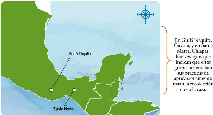 Mapa de México con la ubicación de Guilá Náquitz (Oaxaca) y Santa Marta (Chiapas), señaladas con puntos blancos y flechas. A la derecha, un recuadro con texto explicativo sobre los vestigios.