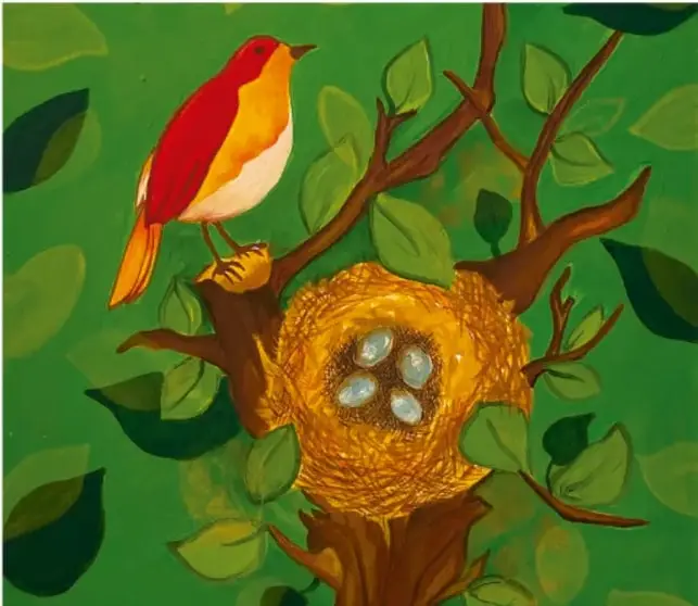 Pintura naïf: ave de pecho rojo y cabeza amarilla posada en la rama de un árbol junto a un nido dorado con tres huevecillos, entre hojas verdes; obra de Graciela Patricia Frutos Maza, Ciudad de México.
