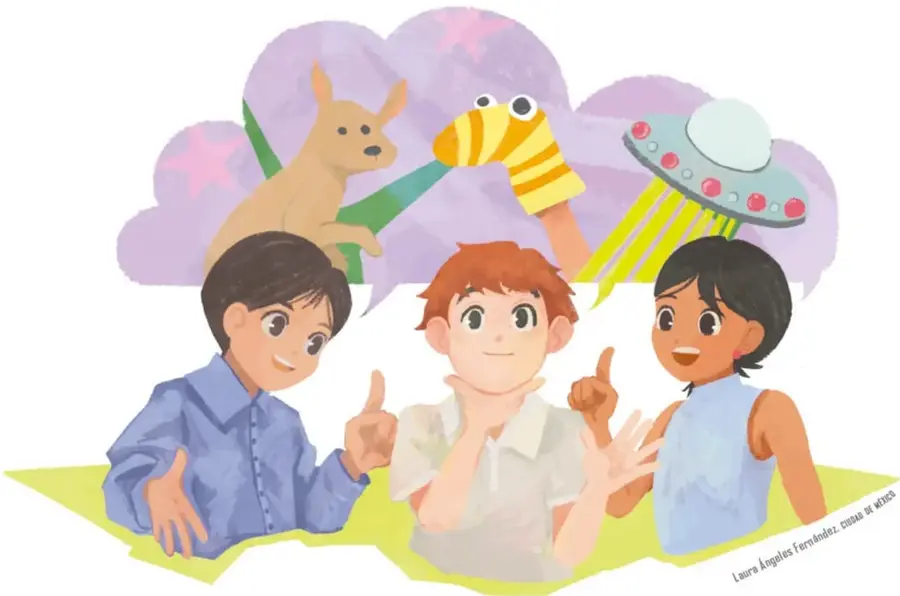 Ilustración de tres niños conversando con los dedos en alto; sobre ellos una nube de pensamiento con un canguro, una serpiente amarilla y un platillo volador (ovni). Crédito: Laura Ángeles Fernández.