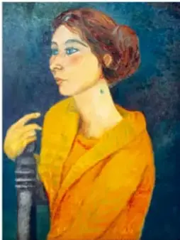 Pintura *La dama del suéter naranja* (1963) de Olga Costa: mujer joven de perfil con suéter naranja, fondo azul oscuro.