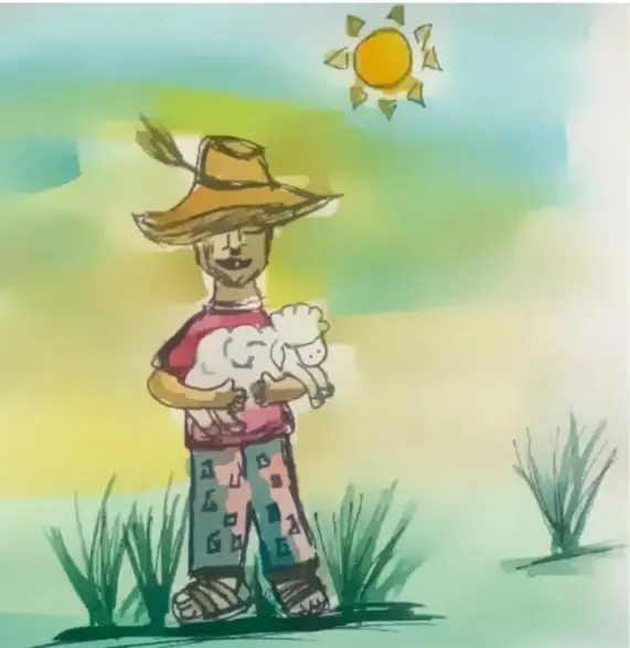 Ilustración de un campesino con sombrero que carga un puerquito blanco, bajo el sol, entre pasto y plantas.