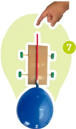 Ilustración numerada 7 de un carro a propulsión de aire: una mano sujeta el popote, un globo azul inflado y una plataforma de cartón con llantas.