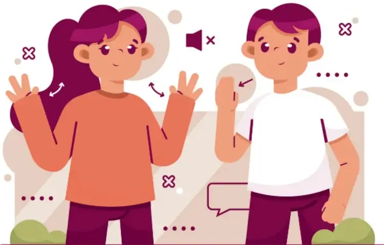 Ilustración de dos estudiantes comunicándose con señas y símbolos.