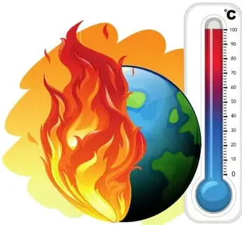 Ilustración de un planeta Tierra envuelto en llamas junto a un termómetro alto.