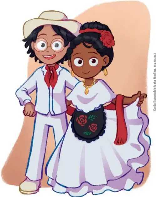 Ilustración de una pareja de niños con vestimenta tradicional bailando.