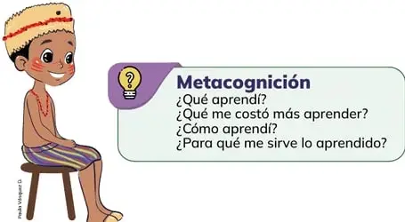 Ilustración de un niño con una nube de pensamiento que contiene las preguntas de metacognición.