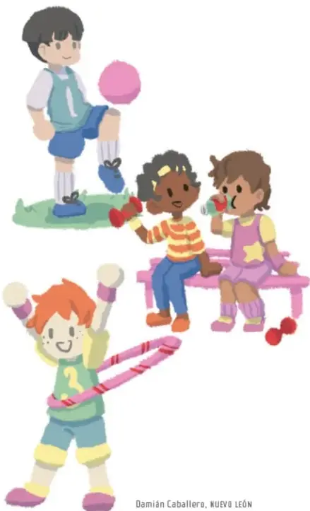 Ilustración de niños practicando diversas actividades: uno patinando o jugando con un balón, dos niñas sentadas en un banco comiendo manzanas y una niña saltando la cuerda. Crédito: Damián Caballero, NUEVO LEÓN.