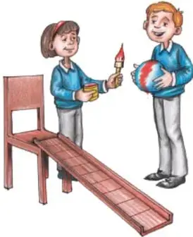Dos niños preparan la rampa: uno sostiene la tinta y el otro la pelota, junto a una silla con una tabla apoyada formando la resbaladilla. Texto: 'La rampa que hice con mis compañeros era así'.