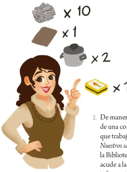 Ilustración de una niña señalando los materiales: 10 bolas de papel, 1 cartón, 2 ollas y 1 encendedor.