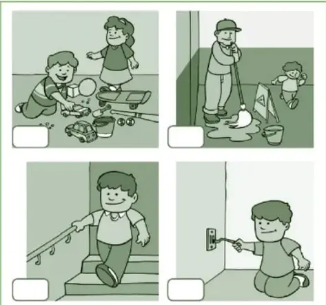 Cuatro viñetas con recuadros vacíos para escribir: niños jugando con objetos pequeños cerca de un menor (riesgo de atragantamiento); un adulto con trapeador y un niño resbalando en piso mojado con balde; un niño bajando escaleras con cuidado apoyándose en el barandal; un niño jugando con un objeto metálico junto a un contacto eléctrico.