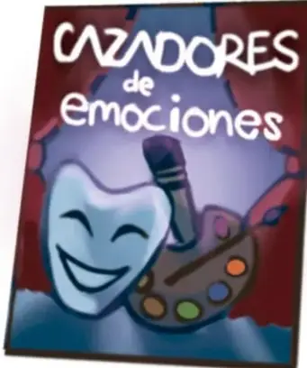 Portada del libro 'Cazadores de emociones' con máscara de teatro sonriente, paleta de colores y pincel sobre fondo azul y rojo. Crédito: Abigail Godoy Araujo, QUERÉTARO.