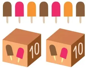 3 cajas cúbicas rotuladas con el número 10, cada una con paletas dibujadas.