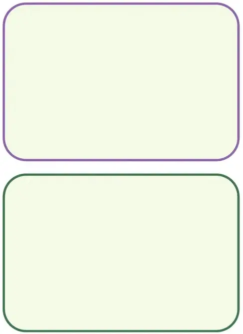 Dos recuadros redondeados grandes en blanco (uno con borde morado, otro con borde verde) y dos óvalos en blanco más pequeños para que el estudiante complete pregunta y respuesta.