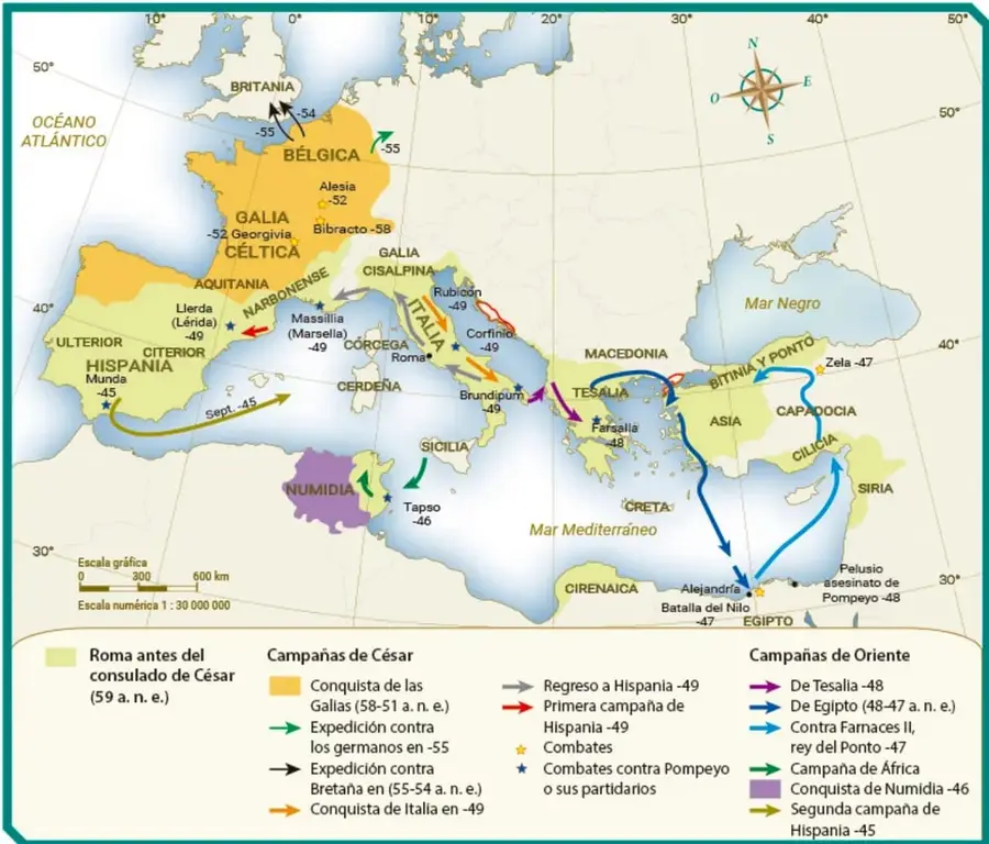 Mapa histórico titulado 'Extensión de Roma durante la República romana antes de César'. Muestra el Mediterráneo con colores que indican territorios romanos antes del consulado de César (59 a. n. e.) y las campañas de César y de Oriente, con flechas y fechas. Incluye escala gráfica y numérica 1:30 000 000.