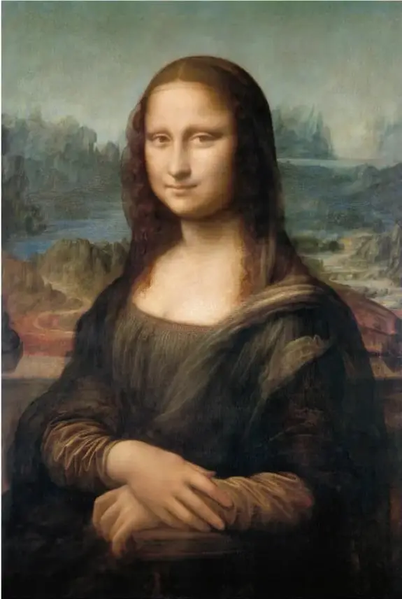 Reproducción de la Mona Lisa: mujer de cabello oscuro, vestido oscuro y velo, sonrisa leve, manos cruzadas sobre el regazo, con paisaje de montañas y caminos difuminados al fondo. Pie: 'Mona Lisa o La Gioconda, ca. 1503-1516, Leonardo da Vinci (1452-1519)'.