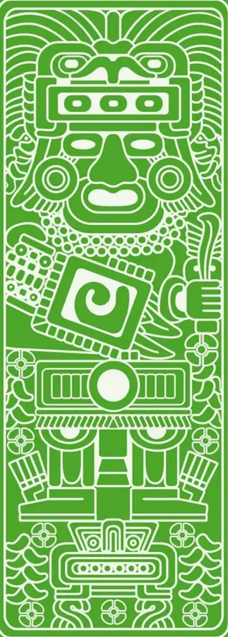Ilustración vertical de estilo mesoamericano en blanco sobre fondo verde, que representa una figura antropomorfa con rasgos de deidad, elementos geométricos, adornos y motivos vegetales, evocando el arte prehispánico ligado a la milpa.