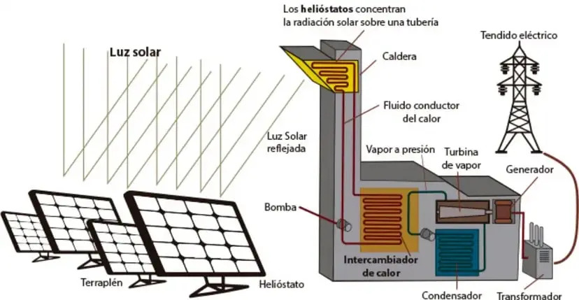 Cocinador solar parabólico con espejo curvo que concentra la luz solar en un recipiente sobre un soporte.