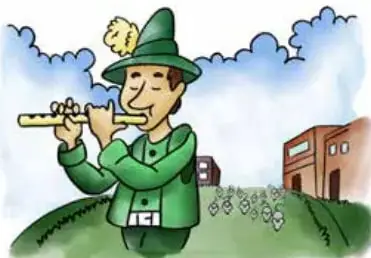 Ilustración de un flautista vestido de verde tocando la flauta, con casas y ratones alrededor.