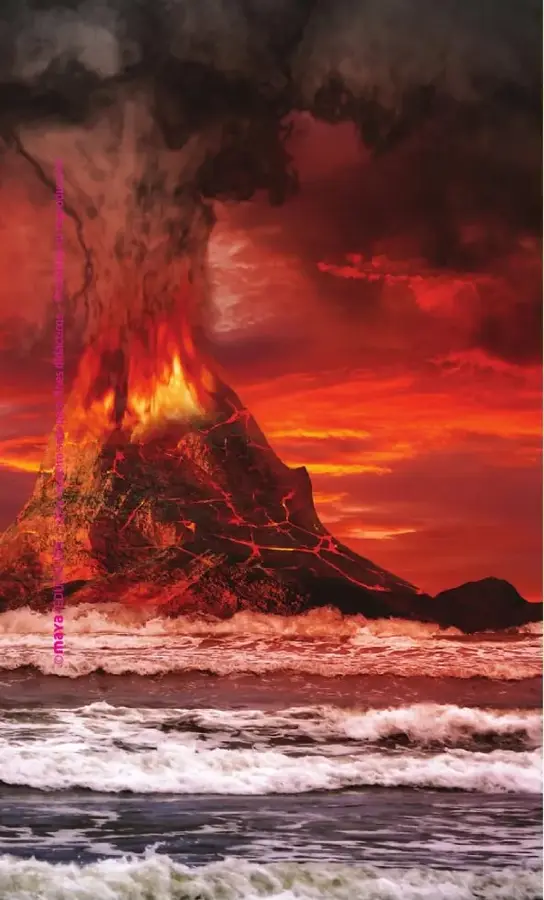 Imagen de una gran erupción volcánica junto al mar, con lava incandescente, humo, ceniza y nubes oscuras.