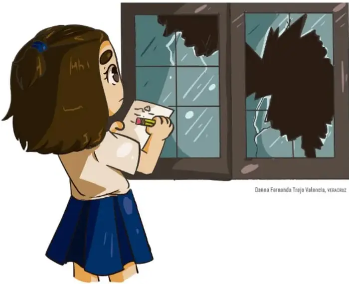 Niña de espaldas con cuaderno y crayón observa una ventana rota con vidrios rotos; representa otra zona de riesgo escolar.
