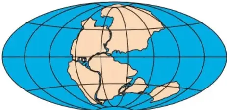 Globo terráqueo con las masas continentales unidas formando Pangea; se observa el encaje entre Sudamérica y África. Leyenda: 'Hace 250 millones de años'.