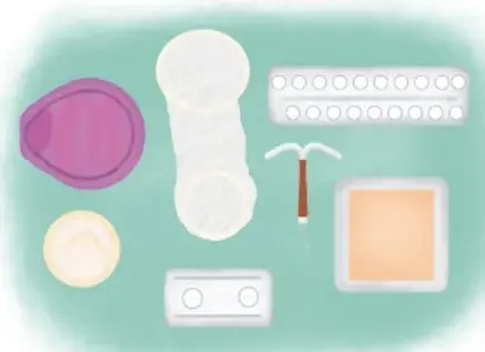 Ilustración de métodos anticonceptivos: condón, pastillas anticonceptivas, anillo, parche, dispositivo intrauterino y preservativo femenino.