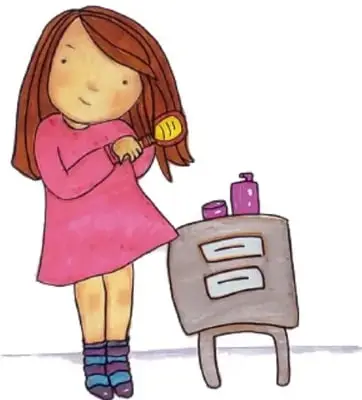 Ilustración de una niña cuidando su higiene personal junto a un gabinete de baño (crédito: Graciela Patricia Frutos Maza, Ciudad de México).