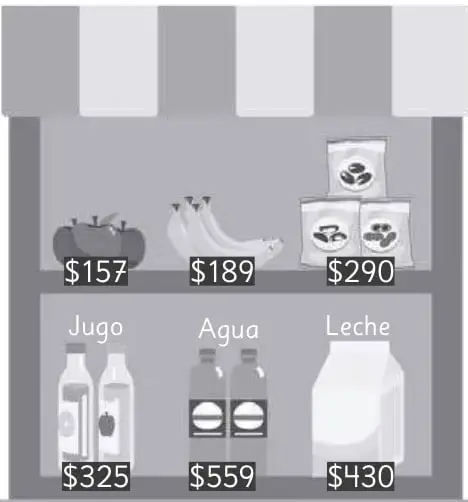 Estantería de un kiosco saludable con manzanas, plátanos, paquetes de frutos secos, jugo, agua y leche, cada uno con su precio.