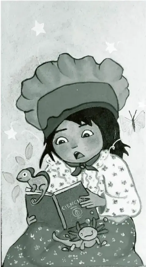 Ilustración de una niña con gorro de cocinera leyendo un libro titulado "CIENCIA", acompañada de un pequeño animal y una mariposa, en un fondo con estrellas.