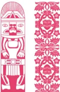 Ilustración de un tótem o estela prehispánica en color rosa, con la etiqueta 'Historia'.