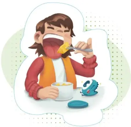 Ilustración de una niña comiendo con tenedor de un plato, con un Monstruo azul sostenible al lado; crédito: Mayra Gisela Pedroza Díaz, Aguascalientes.