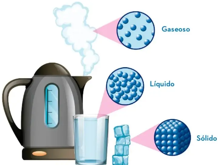 Tetera eléctrica que emite vapor, con tres círculos que representan los estados gaseoso, líquido y sólido del agua.