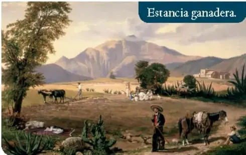 Pintura de una estancia ganadera con vacas, caballos, montañas y personas a caballo.