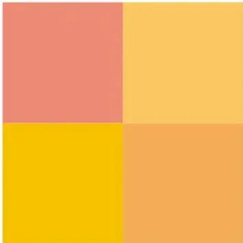 Cuadrado grande formado por cuatro cuadrados pequeños de tonos coral, naranja y amarillo: la figura que hicieron los cuadrados.
