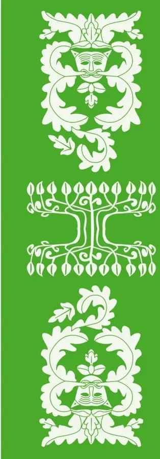 Tres ilustraciones decorativas en blanco sobre fondo verde: un mascarón con hojas de acanto arriba, un árbol estilizado con copa y raíces gemelas en el centro, y otro mascarón con follaje al pie.