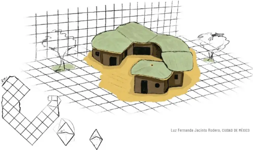 Ilustración de una casa con techo verde y paredes de tierra, rodeada de árboles, sobre una cuadrícula.