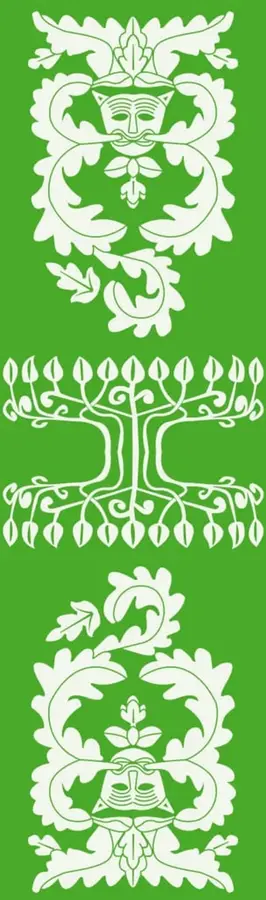 Tres motivos decorativos en blanco sobre franja verde: un adorno vegetal con mascarón superior, un árbol estilizado con ramas y raíces simétricas, y otro adorno foliado con mascarón inferior, de estilo ornamental popular.