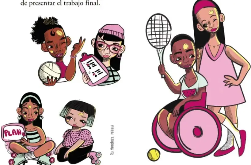 Ilustraciones de personas jóvenes con distintas discapacidades y deportes (voleibol, tenis, patines, silla de ruedas) sosteniendo un plan y participando en equipo, firmada por Ru Mendoza Puebla.