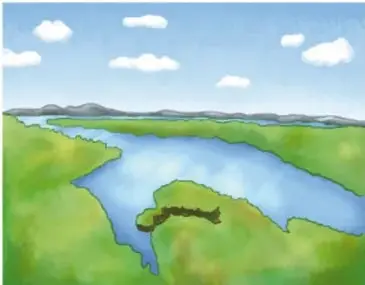 Ilustración de un paisaje con un río, campos verdes, montañas al fondo y nubes en el cielo.