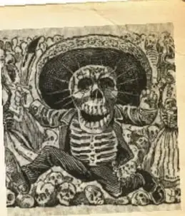 Ilustración de una calavera con sombrero, símbolo de la muerte durante el Porfiriato.