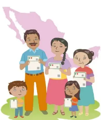 Ilustración de una familia mostrando documentos de identidad (actas/CURP) frente a un mapa, de Herenia González Zúñiga, Ciudad de México.