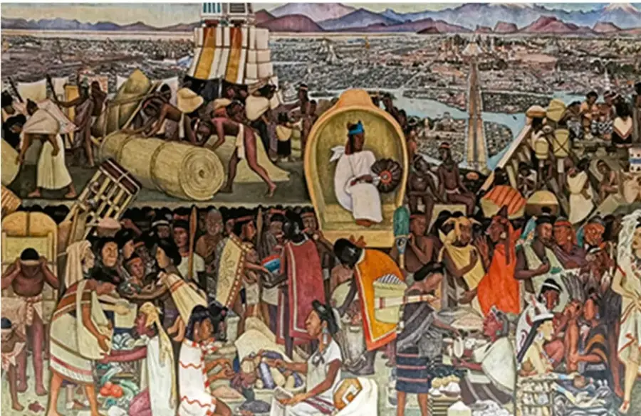 Mural o ilustración de un tianguis prehispánico: numerosas personas intercambiando productos, con una figura principal sentada en un trono y al fondo una ciudad lacustre (Tenochtitlan) con montañas.