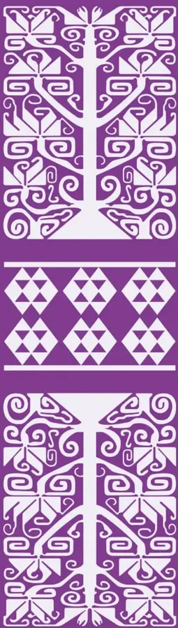 Tres motivos decorativos blancos sobre fondo morado: un árbol estilizado con hojas en espiral, un patrón de seis rombos formados por triángulos entre dos líneas horizontales, y un segundo árbol estilizado con espirales.