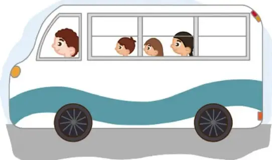 Autobús blanco con franja azul; en las ventanas se ven los rostros de Luis, Matilde, su mamá y otro pasajero rumbo al mercado.