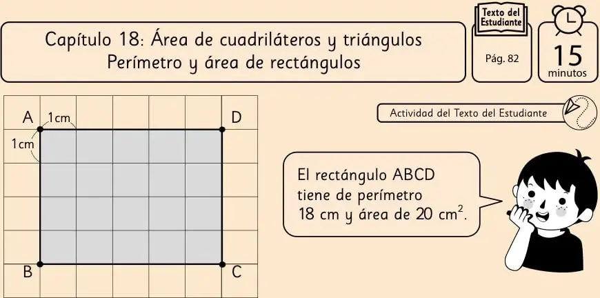 Rectángulo ABCD dibujado sobre una cuadrícula, con 5 cuadrados de largo y 4 de ancho; cada cuadrado mide 1 cm.
