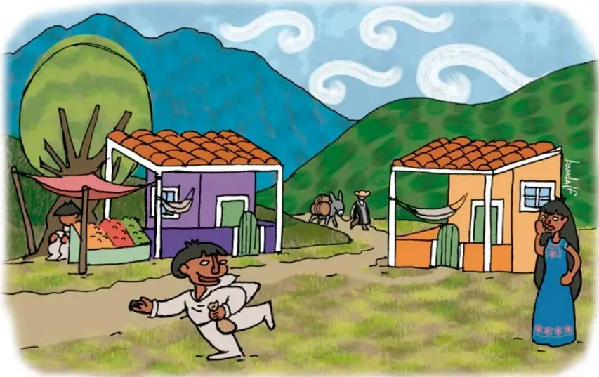Ilustración de una comunidad rural con casas de colores, montañas, un niño corriendo, una niña de vestido azul y personas con animales. Al pie: Julio César Banda Tecalco, Veracruz.