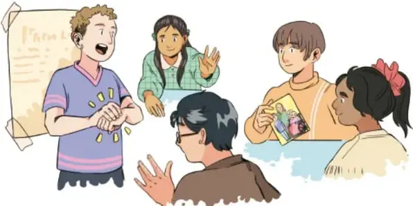 Ilustración de un grupo de jóvenes estudiantes conversando y trabajando con un mapa mental en la pared, acreditación: Laura Ángeles Fernández, Ciudad de México.