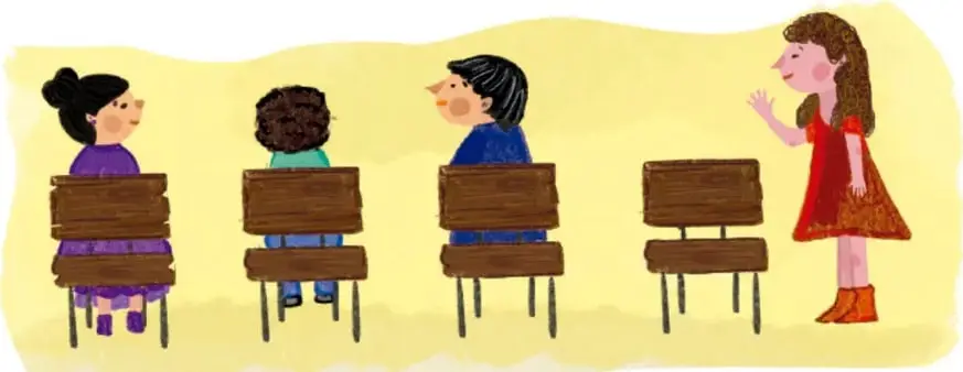 Ilustración de estilo infantil (Ana María Hernández Hernández, Ciudad de México) que muestra a tres alumnos sentados en pupitres de madera mirando a una maestra de pie con vestido rojo, quien habla y gesticula con la mano, sobre un fondo amarillo. Representa la consulta en grupo con la docente.